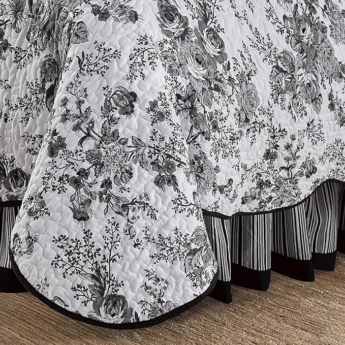 Wonderful 100% Cotton Black Floral Quilt Set Twin Size Bedding Sets with Pillow Sham and Bed Skirt, 3 Pieces Floral Bedspread Coverlet Set, Quilted Blanket Bed Cover for All Season, 66"x86"