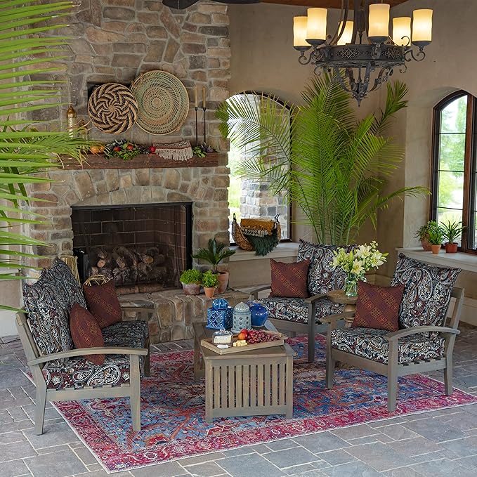 Arden Outdoor Foam Deep Seat Cushion Set, 24 in x 24 in, Weather-Proof, Rain-Proof, Fade Resistant Patio Cushion, Bottom and Back Cushion for Chair, Sofa, and Couch Navy Palmira Paisley