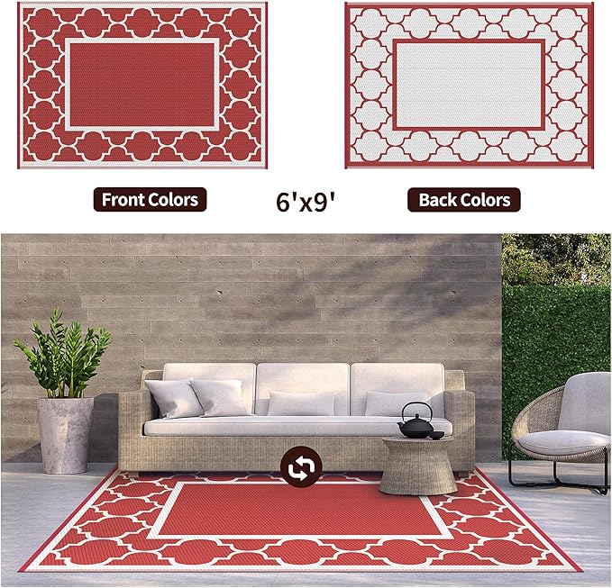 GENIMO 6' x 9' Outdoor Rug Waterproof for Patio Decor, Foldable Reversible Plastic Straw Area Rugs Mat for Camper, Outside Carpet for Rv, Deck, Porch, Picnic, Beach, Balcony, Red & White