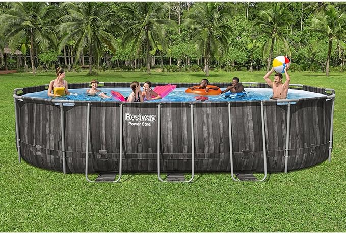 Bestway Power Steel 20' x 12' x 48" Oval Metal Frame Above Ground Outdoor Swimming Pool Set with 1500 GPH Filter Pump, Ladder, and Pool Cover
