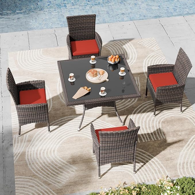 Kullavik 5-Piece Outdoor Dining Set Patio Rattan Furniture Set,Patio Dining Table and Chairs Set with 4 Chairs and Cushions,Square Glass Tabletop with Umbrella Hole for Patio,Red