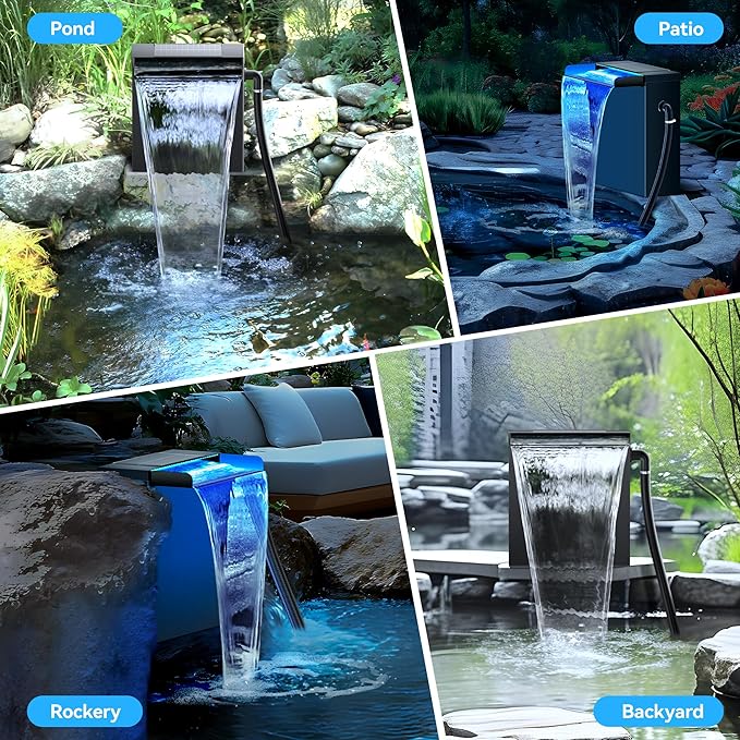 POPOSOAP Pond Waterfall Spillway with LED Lights, 304 Stainless Steel Waterfall with Filtration & 9.8FT Corrugated Tubing, 660GPH Pond Pump Fountain Kit for Outdoor Garden Pond,13.4" H x 12"W-P43HD