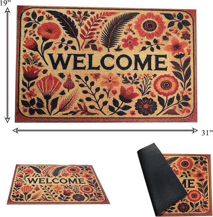 Outdoor Rug Door Mat, Welcome Mat Outdoor, Non-Slip Door Mat Outside Entrance, Stylish Welcome Mat, Entryway Rug, 19'x31' (16.WelcomeFlower)