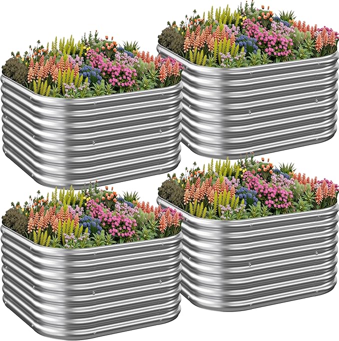 4 Pack Tall 2x2x1.5FT Raised Beds for Gardening, Corrugated Galvanized Steel Raised Garden Bed, Outdoor Metal Above Ground Garden Bed for Vegetables and Flowers