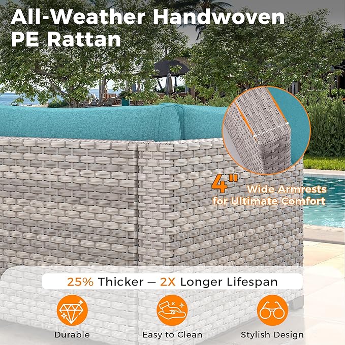 6-Seat Modern Outdoor Wicker Rattan Patio Furniture Set with 55,000 BTU Fire Pit Table, Thick 4″ Cushions, All-Weather Dual-Strand Rattan, Rust-Resistant Steel Frame,Blue