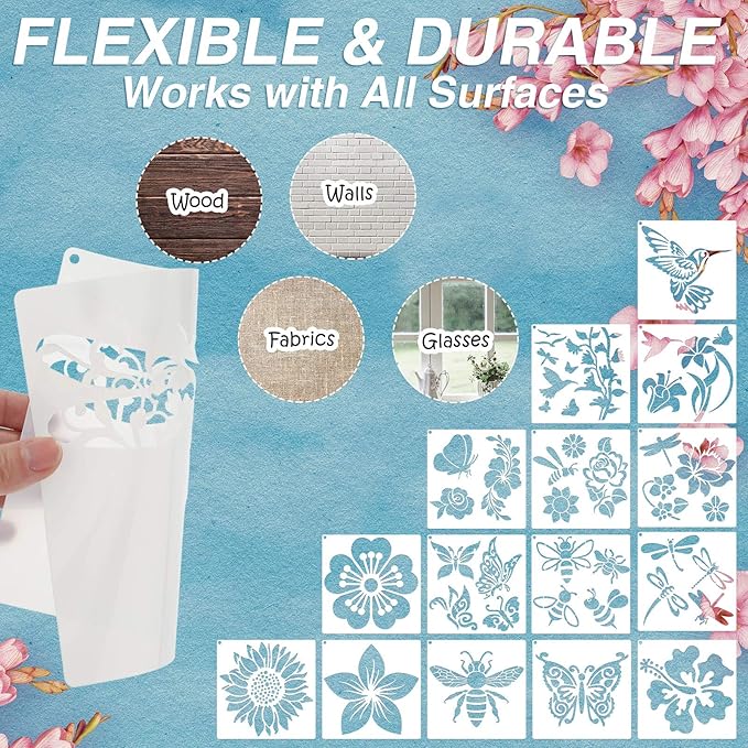 Zonon 16 Pieces Stencils for Painting, Reusable Large Butterfly Hummingbird Sunflower Stencil with Metal Open Ring, DIY Craft Templates for Spring Summer Wood Wall Canvas Home Decor(5.1 x 5.1 Inch)