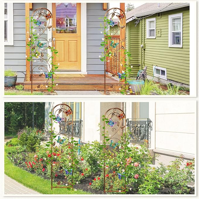 Blulu 4 Pack Metal Garden Trellis for Climbing Plants, 60x11 Detachable Rustproof Arched Fence Flower Vegetable Plant Stand for Outdoor Patio Yard Lawn Decorative(Butterfly)