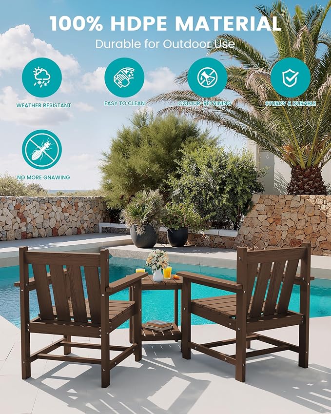 SEWRWALL Patio Furniture Set, HDPE Material All Weather Use Adirondack Chair Set with Side Table for Balcony, Porch, Garden, Backyard- Brown