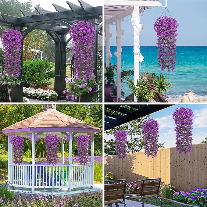 Ouddy Decor 4 Pcs Artificial Hanging Flowers Fake Hanging Plants Violet Flowers Vine Garland for Home Indoor Outdoor Garden Patio Yard Room Porch Wedding Decoration, Purple