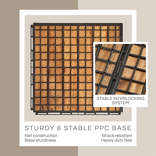 30 Pcs Deck Tiles, Patio Flooring - Outdoor Waterproof Acacia Wood Tiles for All Weather Use - Balcony, Backyard, Indoor & Outdoor (Golden Teak Striped Pattern, 30 Square Ft)