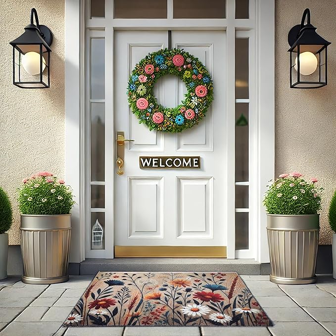Outdoor Rug Door Mat, Welcome Mat, Non-Slip, 19'x31' (15.FlowerPattern)