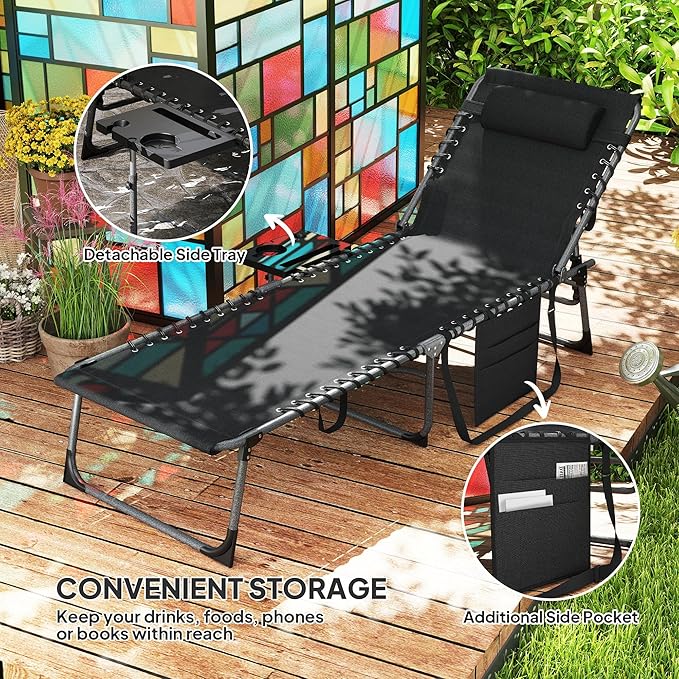 Outsunny Folding Chaise Lounge Chair Outdoor Tanning Chair with Side Table, 5-Level Adjustable Beach Lounge Chair with Headrest, Side Pocket for Patio, Backyard, Beach, Poolside, Black