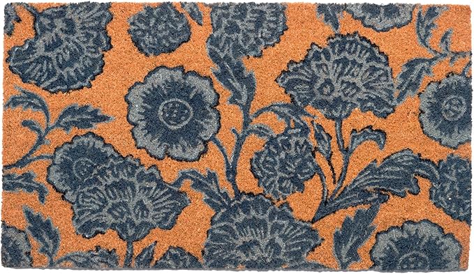 Coir Door Mat, Floral Print Entryway Floor Mats with Non-Slip PVC Backing, Indoor Outdoor Mat for Front Door Decor, Door Mat, Welcome Mats with Chelsea Flower Print, Blue, 30”x 17”