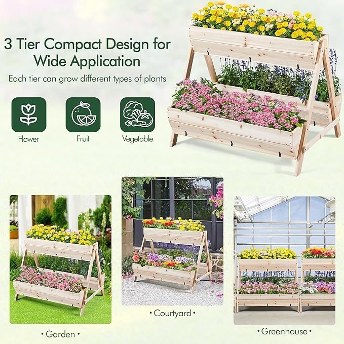 Yaheetech 44 x 36.5 x 35.5 Wooden Raised Garden Bed with Legs 3 Tiers Raised Garden Beds Outdoor Elevated Planter Boxs Outdoor for Flowers, Vegetables, Herbs, 1pc