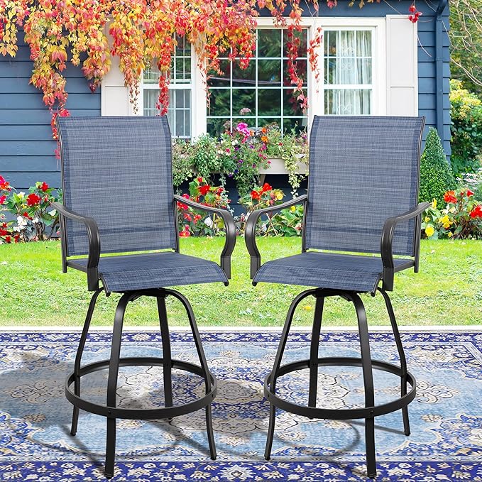 Vongrasig 2 Piece Patio Swivel Bar Chairs, All Weather Metal Textile High Swivel Bar Stools Chairs, Outdoor High Top Bistro Set for Backyard, Lawn Garden, Balcony, Denim Blue