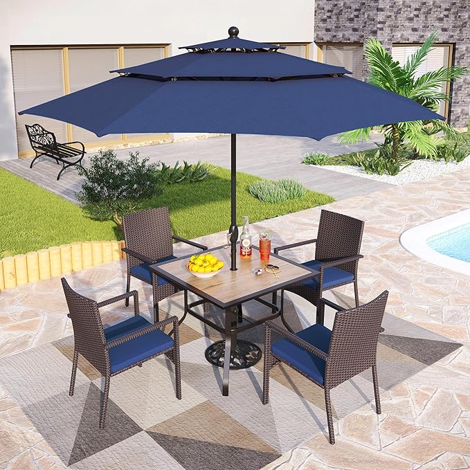 PHI VILLA 5 Piece Outdoor Dining Set with Umbrella for 4, 37" Square Metal Wood-top Dining Table & Wicker Rattan Chairs with Cushions & 10ft Blue Umbrella for Patio, Deck, Backyard, Porch