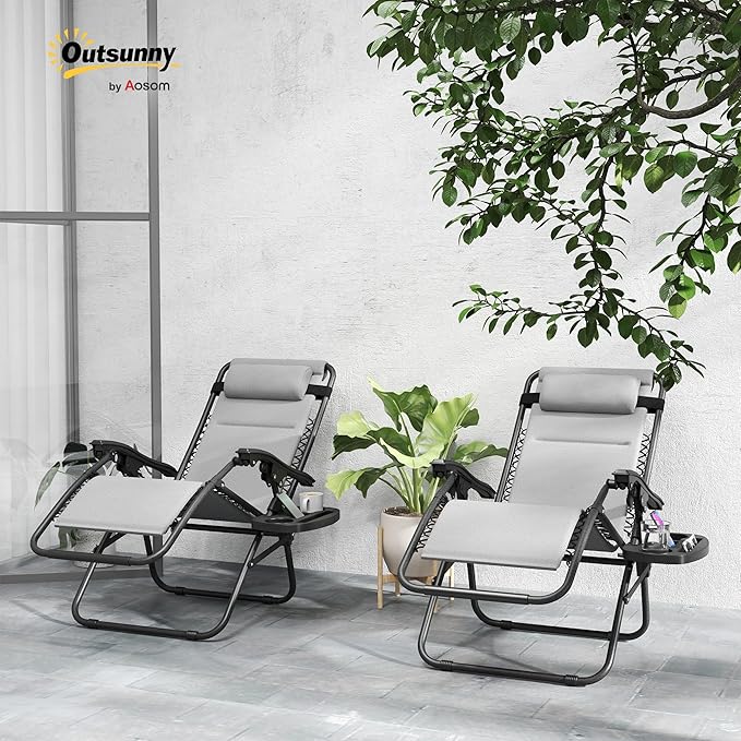 Outsunny Zero Gravity Chairs Set of 2, Reclining Folding Zero Gravity Lounge Chair, Outdoor Lounge Chairs with Cushion, Headrest, and Cup Phone Holder Tray for Patio, Beach, Light Gray