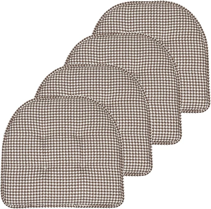 Sweet Home Collection Chair Cushion Memory Foam Pads Tufted Slip Non Skid Rubber Back U-Shaped 17" x 16" Seat Cover, 4 Count (Pack of 1), Houndsooth Brown