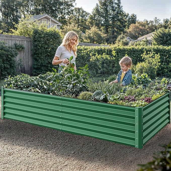 YITAHOME 96x48x24 in Galvanized Raised Garden Bed Kit, Large Metal Planter Box with Gloves, Safety Rubber & Support Rod, Outdoor Flower Bed for Plants Vegetables, Green