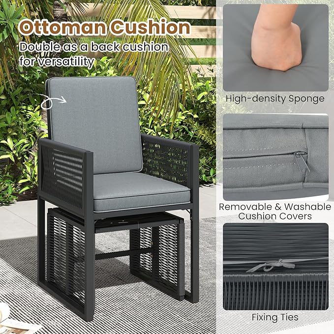 Tangkula 5 Pieces PE Wicker Patio Dining Set, Outdoor Conversation Set with Cushions, Space-Saving Patio Rattan Chair and Tempered Glass Table Set with Ottomans for Garden, Backyard & Poolside