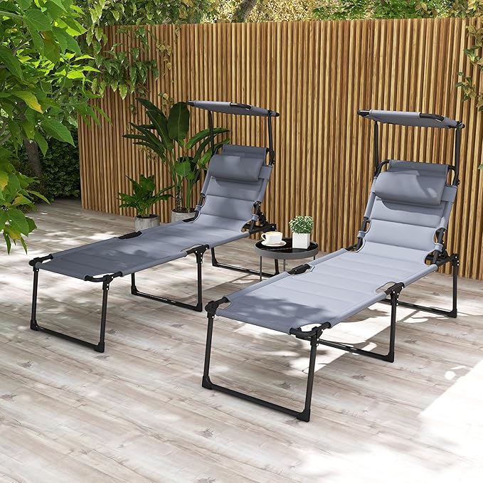 Outsunny 2 Pieces Outdoor Lounge Chair, Adjustable Backrest Folding Chaise Lounge, Cushioned Tanning Chair with Sunshade Roof & Pillow Headrest for Beach, Camping, Hiking, Gray