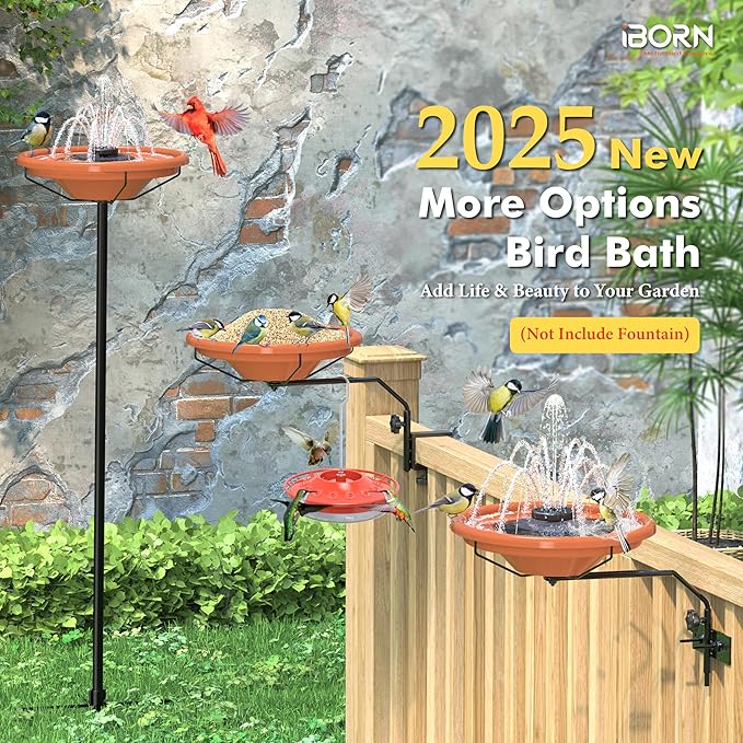 iBorn Bird Bath for Outside，Fence Mounted Bird Bath，Bird Baths for Outdoors, 12in BPA-Free Bowl，360°Swivel & Adjustable Height Bracket，Detachable Bird Bath for Fence Railing, Pack of 1