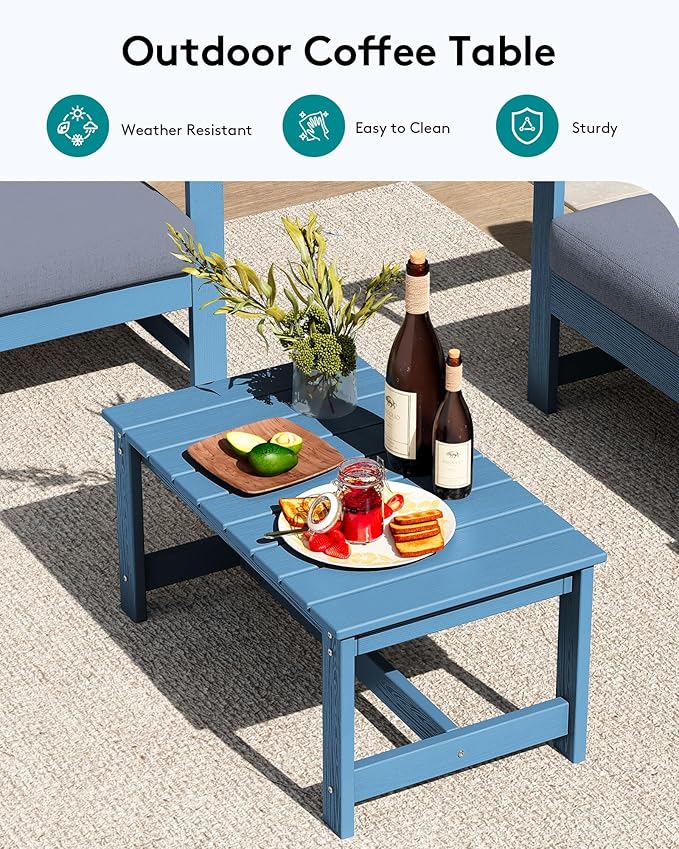 SERWALL 6 Pieces HDPE Outdoor Conversation Sofa Set with Cushions, All Weather Couch Loveseat Furniture with Coffee Table and Cushion, Outdoor Social Sofa Set, Blue Frame with Grey Cushions