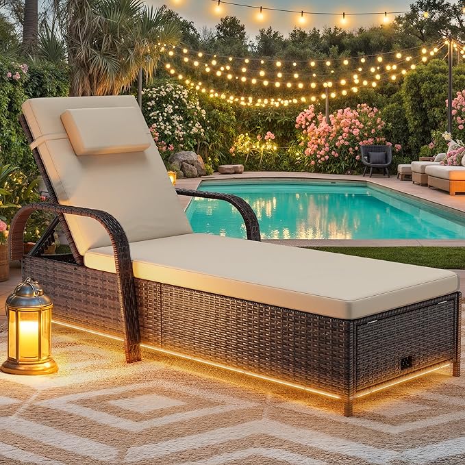 DWVO LED Outdoor Lounge Chairs, Patio Wicker Chaise Lounge Chair with LED Lights & 5-Level Backrest, Wheels and Storage for Deck, Pool, Backyard, Brown & Beige