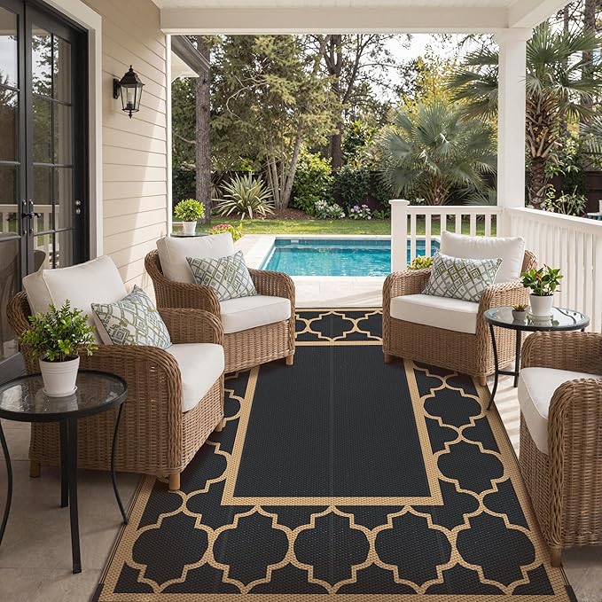 GENIMO 6' x 9' Outdoor Rug Waterproof for Patio Decor, Foldable Reversible Plastic Straw Area Rugs Mat for Camper, Outside Carpet for Rv, Deck, Porch, Picnic, Beach, Balcony, Black & Brown