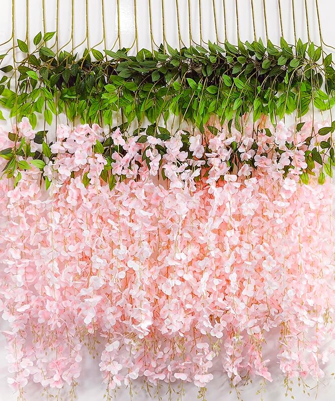 108pcs Artificial Wisteria Flowers 3.6 Feet/Piece Pink Dense Artificial Fake Wisteria Vine Ratta Hanging Garland Silk Flowers String Home Party Wedding Decor（Pink-Dense）