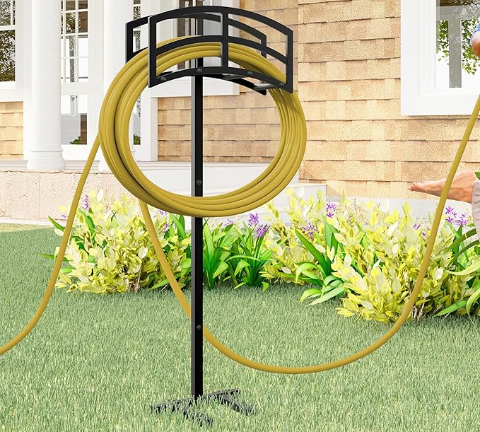 Kingson Heavy-Duty Metal Garden Hose Holder - Detachable & Freestanding Hose Stand with 4 Anchor Points, Black (Outdoor Use)