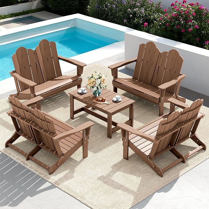 SERWALL 2 Person Adirondack Loveseat, HDPE All-Weather Folding Adirondack Bench Chair, Outdoor Adirondack Chair Set of 4, Brown