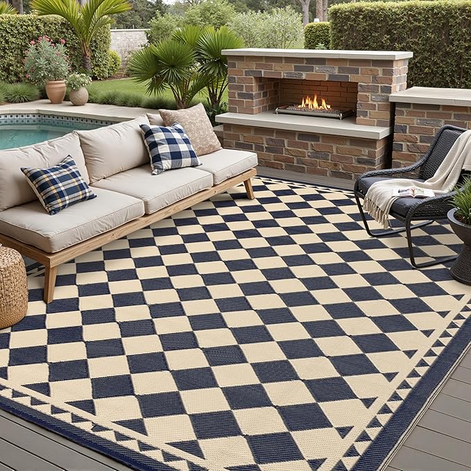 HUGEAR Outdoor Rug for Patios Clearance,Waterproof Mat,Large Outside Carpet,Reversible Plastic Straw Camping Rugs,Rv,Porch,Deck,Camper,Balcony,Backyard (8x10,Checkered/Black&Beige)