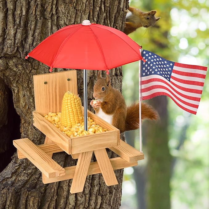 Squirrel Feeder Picnic Table with Umbrella, Wooden Squirrel Feeders for Outside with Corn Cobs Holder Cute Chipmunk Feeder, Easy to Fill with Removable Front Panel