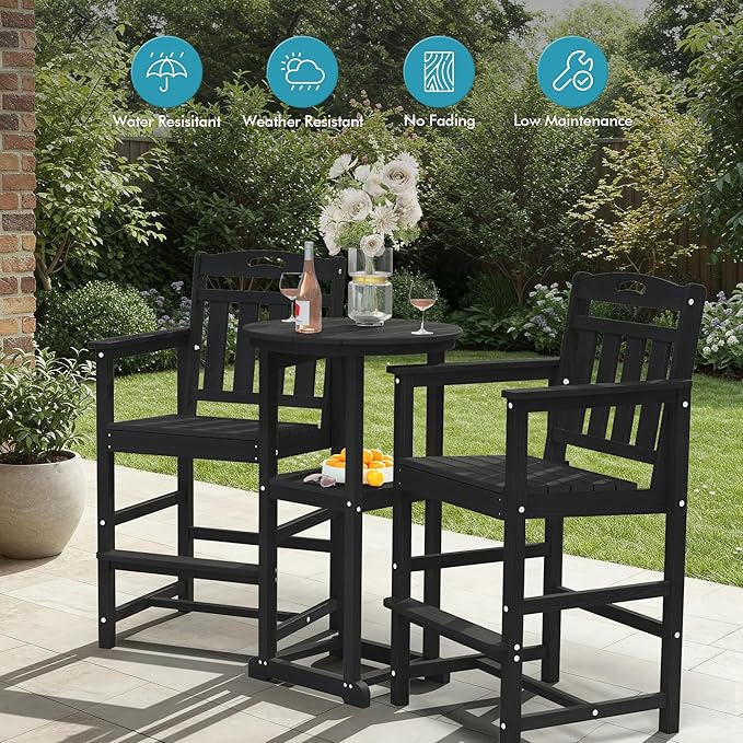 Ciokea Heavy Duty Bar Height Chair, 380lbs Outdoor Adirondack Tall Bar Chair Patio Stool with Arms & High Back, Heavy Duty All-Weather for Balcony, Poolside, Deck and Garden, Black