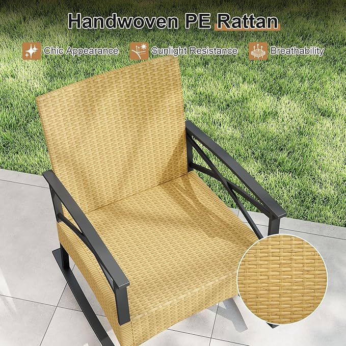 Tangkula 3 Pieces Outdoor Rocking Chairs Set, Rattan Heavy Duty Cushioned Rocker Chairs with 2-Tier Tempered Glass Coffee Table, for Garden, Balcony, Backyard (Yellow+Gray)