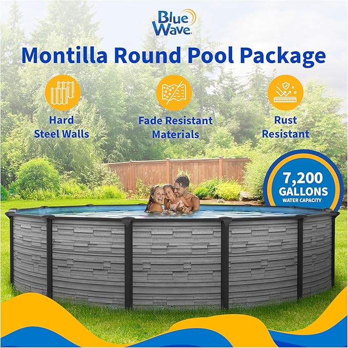 Blue Wave Montilla 18-ft Round 52-in Deep Above Ground Swimming Pool – with Steel Wall & Top Rails, Sand Filter, Overlap Liner, A-Frame Ladder & Maintenance Kit – Complete Outdoor Pool Accessories