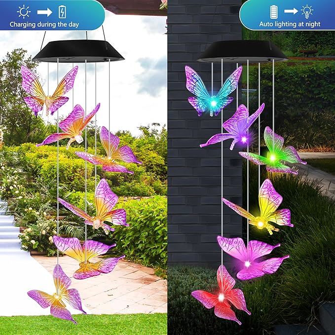 Purple Butterfly Solar Wind Chimes Outdoor Color Changing Solar Lights Garden Decor Best Gifts for Mom Decorations Mobile Windchimes Unique Chiristmas Gifts