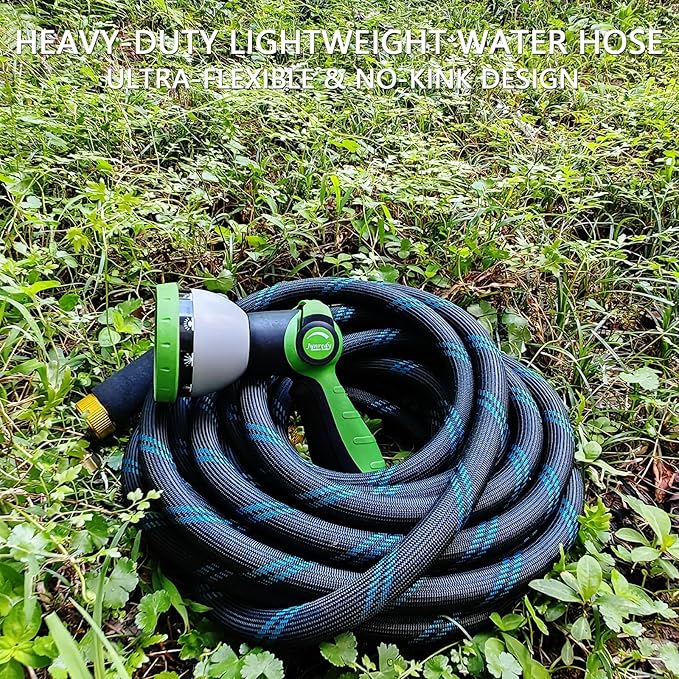 Garden Hose 50 FT, NON-EXPANDABLE Heavy-Duty Flexible & Lightweight Water Hose with 10-Function Nozzle, No-Kink Design, Leak-Proof Super Fabric, Solid Fittings for Lawn, Car, RV, Outdoor