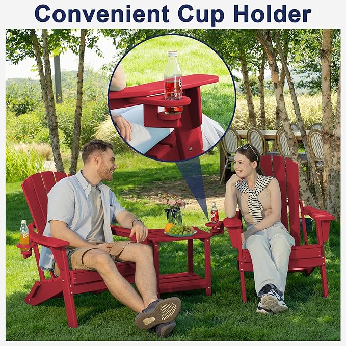 Plawdlik Folding Adirondack Chair Set of 6 with Cup Holder，Wooden Textured ，Heavy All-Weather HDPE Comfortable Set Poolside Backyard Lawn, Red