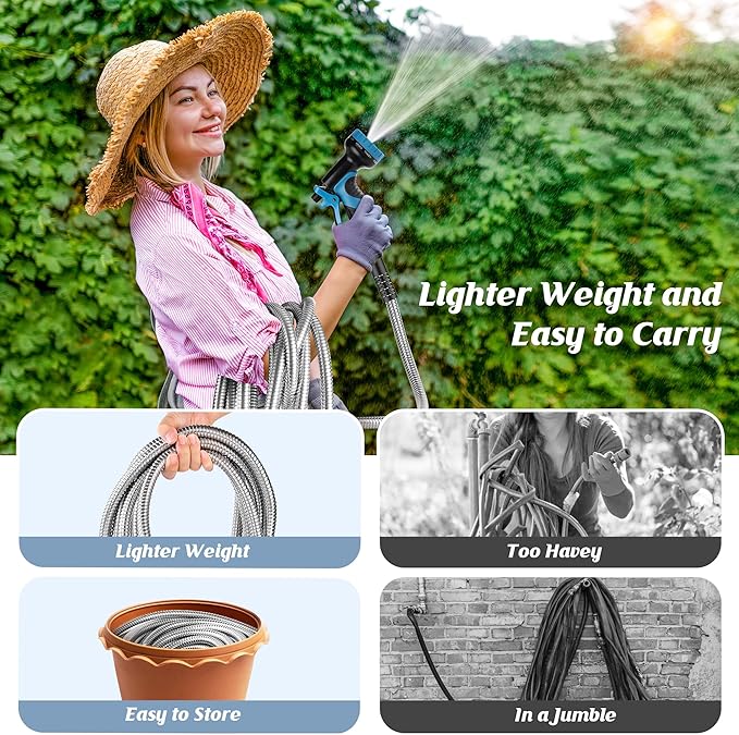 Garden Hose 100FT, Water Hose with 10 Function Nozzle, Garden Hose Metal with Leak-proof Connectors, No-Kink, Lightweight, Puncture-proof, Pet-proof, Sturdy, 550PSI, Hose for Outdoor, Yard