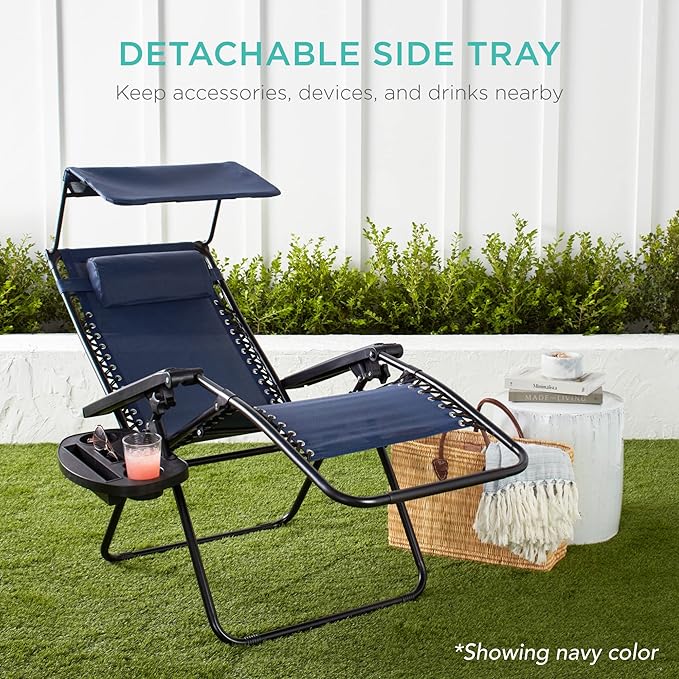 Best Choice Products Folding Zero Gravity Outdoor Recliner Patio Lounge Chair w/Adjustable Canopy Shade, Headrest, Side Accessory Tray, Textilene Mesh - Cobalt Blue