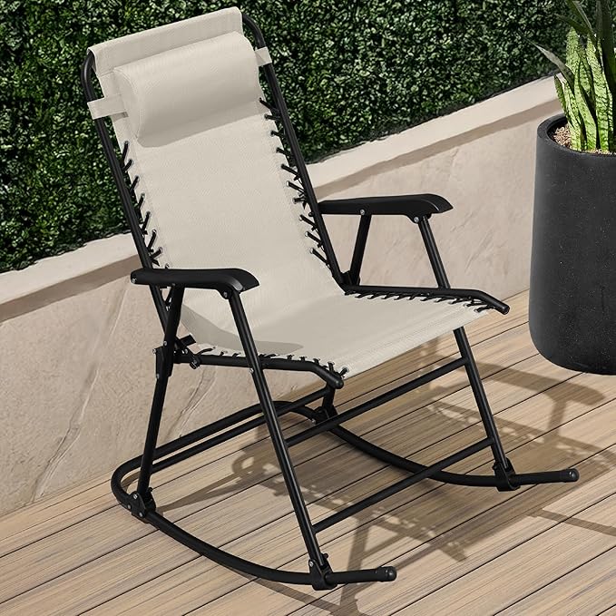Best Choice Products Outdoor Folding Rocking Chair, Zero Gravity Lounge Chair, Patio Rocker w/Headrest Pillow - Ivory