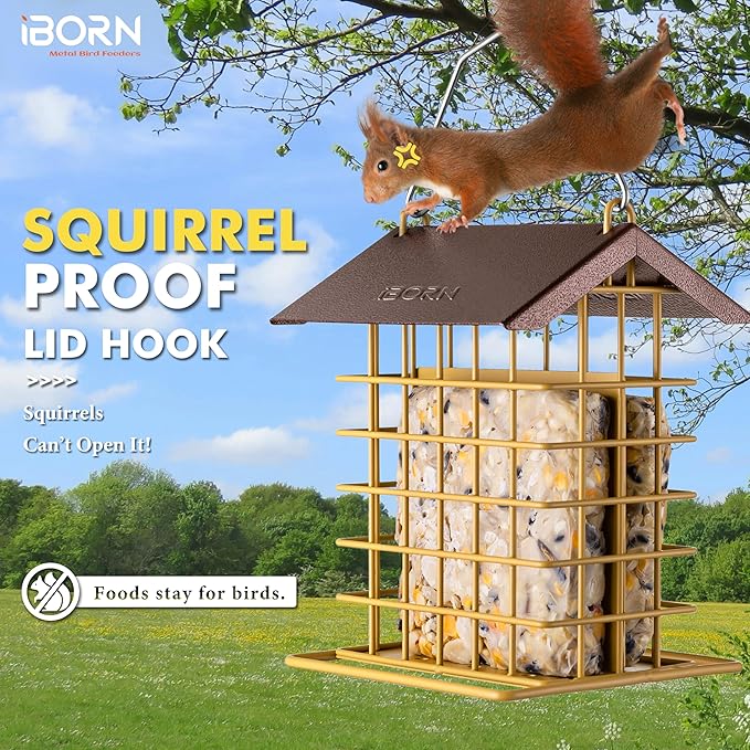 iBorn Suet Feeder for Outside Hanging,Suet Bird Feeders for Outdoors,Suet Holder with Squirrel Proof Hanger Hook,Suet Cage Bird Feeders,Woodpecker Feeder,Weatherproof Metal Roof,1 Pack,Muted Yellow