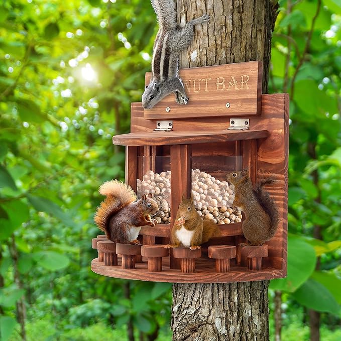 MIXUMON Crescent Squirrel Feeder Table, Wooden Squirrel Picnic Table Feeder, Outside Squirrel Feeders Corn Cob, with Solid Structure, Stable Squirrels Stool Bar, 12.6 x 13.3 x 6.7 Inches