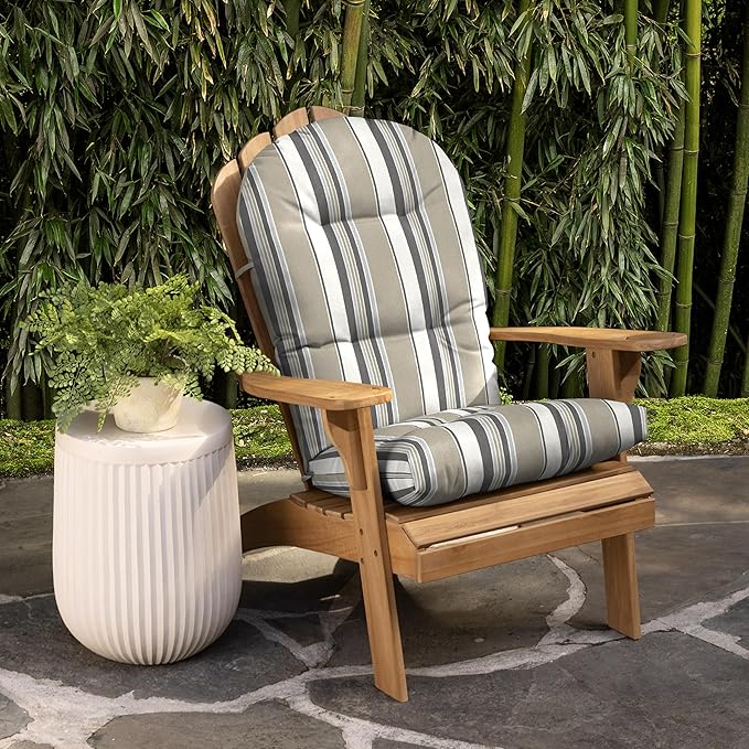 Arden earthFIBER Plush Modern Tufted Rocking Chair Cushion, 21.5 x 19, Rain-Proof, Fade Resistant, Tufted Cushions for Rocking and Adirondack Chairs Taupe Grey Boardwalk Stripe