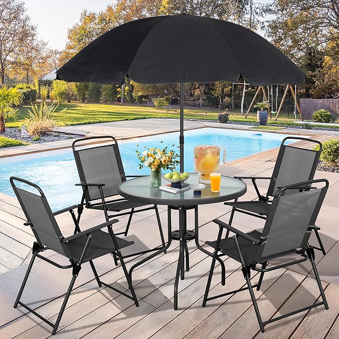 Vongrasig 6 Pieces Folding Patio Dining Set, All Weather Small Metal Outdoor Table and Chairs Set, Patio Furniture Set w/Umbrella, Glass Table & 4 Folding Chairs for Garden, Lawn, Backyard, Black