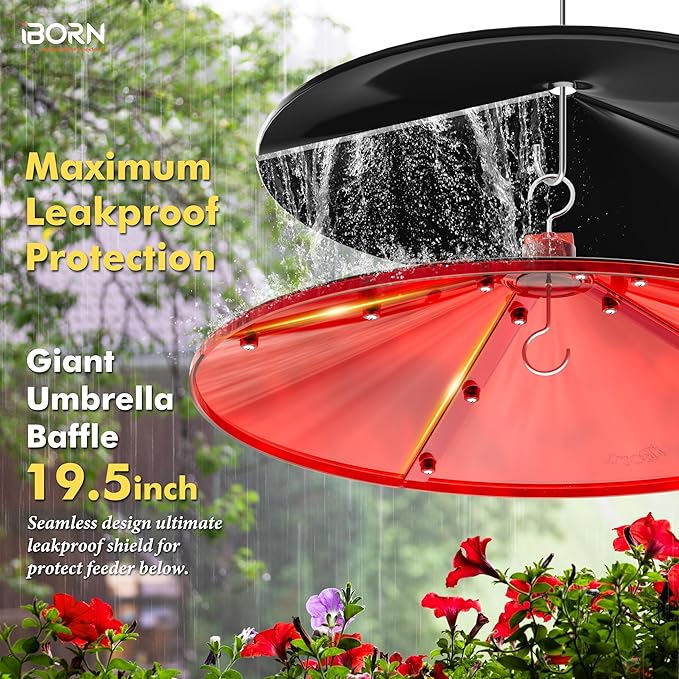 iBorn 19.5-inch Hummingbird Feeders Baffle, Weather Guard, Hanging Bird Feeders Protect, Red, Pack of 1