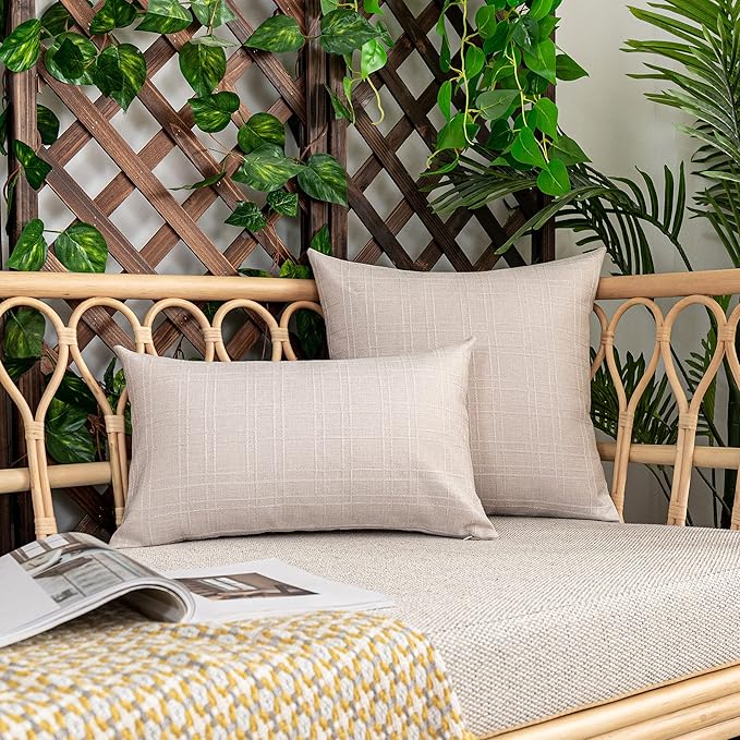 Kevin Textile Pack of 2 Decorative Outdoor Waterproof Throw Pillow Covers Checkered Pillowcases Classic Cushion Cases for Patio Couch Bench 16 x 16 Inch Light Beige