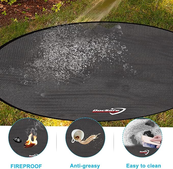 DocSafe 48" Round Fire Pit Mat, 4-Layer Fireproof Under Grill Mat Heat Insulated Indoor Fireplace Pad Protector for Decks,Patios,Grass,Solo Stove Bonfire, Reusable Oil-Proof and Waterproof, Black